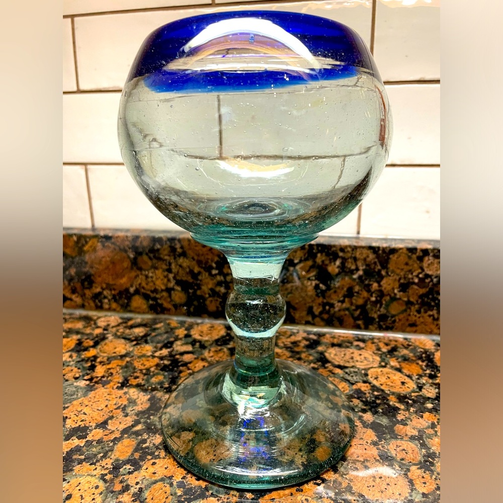 XL Mexican hand blown stemmed margarita glass. Cobalt blue trim. Jumbo